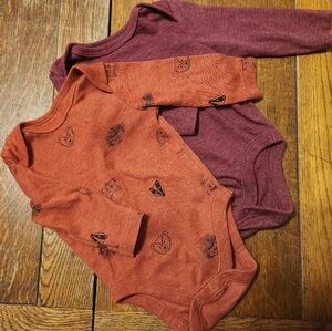 Set of Two Old Navy Long Sleeve Baby Bodysuits in Rust and Maroon